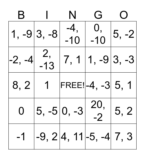 Quadratic Bingo Card