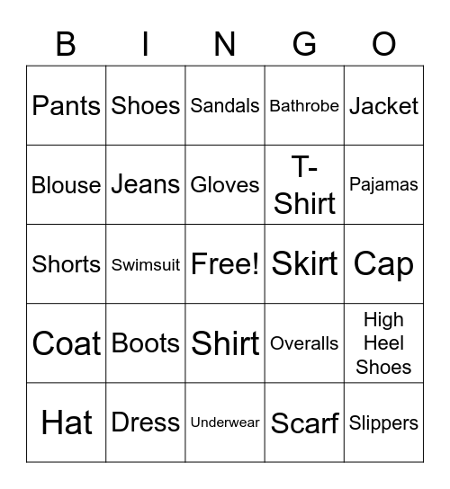 Field Bingo - Clothes Edition Bingo Card