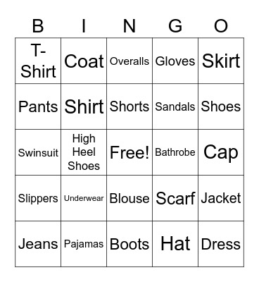 Field Bingo - Clothes Edition Bingo Card