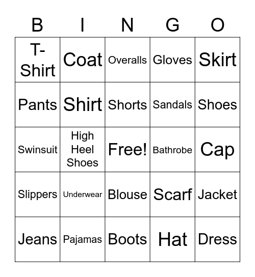 Field Bingo - Clothes Edition Bingo Card