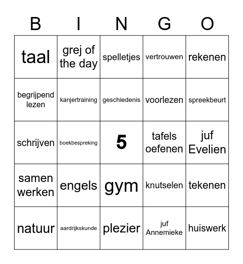 Groep 5 BINGO Card