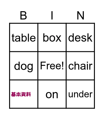 prepositions of place Bingo Card