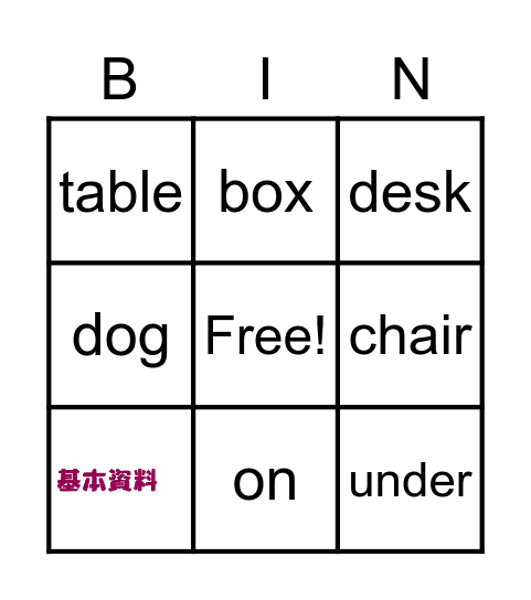 prepositions of place Bingo Card