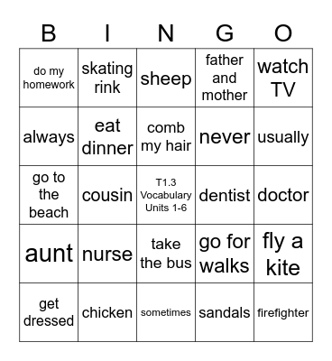 T1.3 Vocabulary Bingo Card