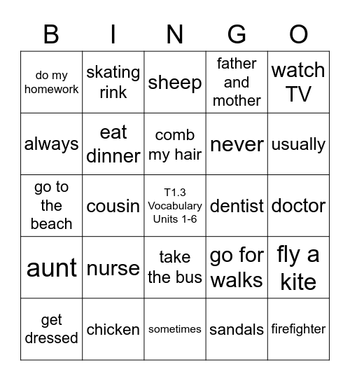 T1.3 Vocabulary Bingo Card