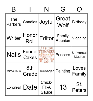 Jordyn Birthday Bingo Card
