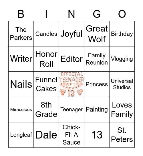 Jordyn Birthday Bingo Card