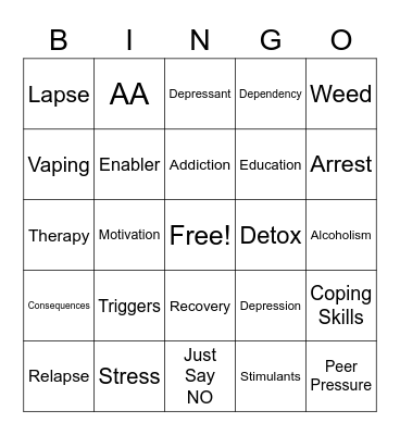 Substance Abuse Bingo Card