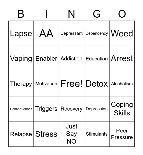 Substance Abuse Bingo Card