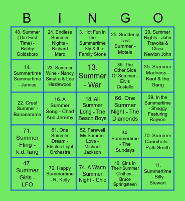 100 BEST SUMMER SONGS Bingo Card