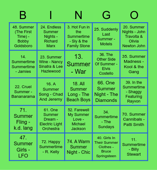 100 BEST SUMMER SONGS Bingo Card