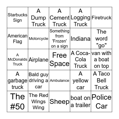 Road Trip 3 Bingo Card