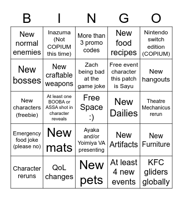 Genshin Impact Bingo Card