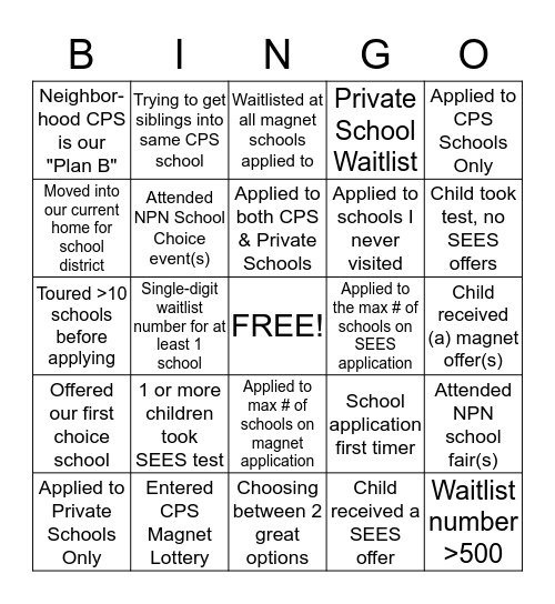 NPN School Search Bingo!! Bingo Card