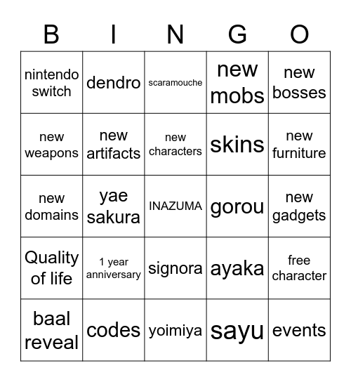 GENSHIN LIVE STREAM Bingo Card