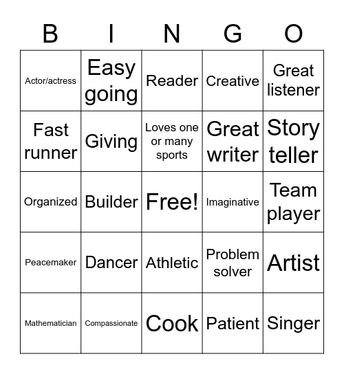 My Talents Bingo Card