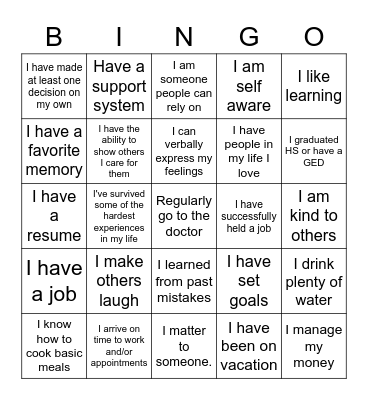 Personal Strengths Bingo Card
