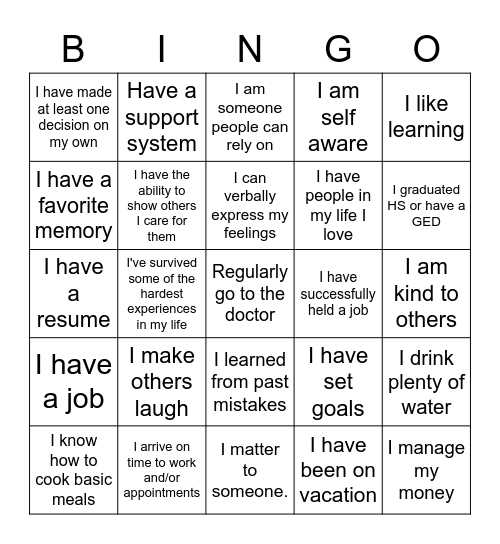 Personal Strengths Bingo Card