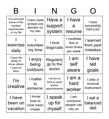 Personal Strengths Bingo Card