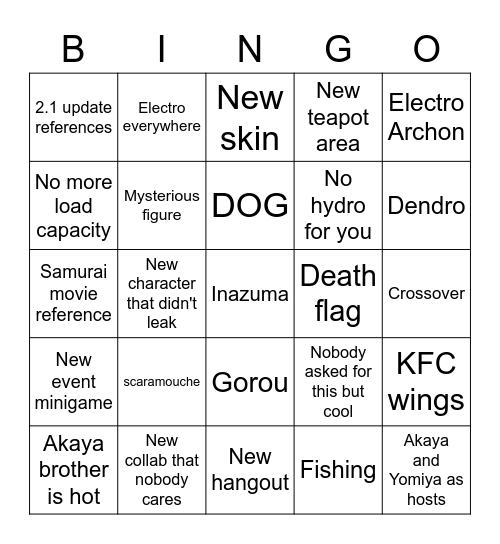 Genshin Impact 2.0 stream Bingo Card