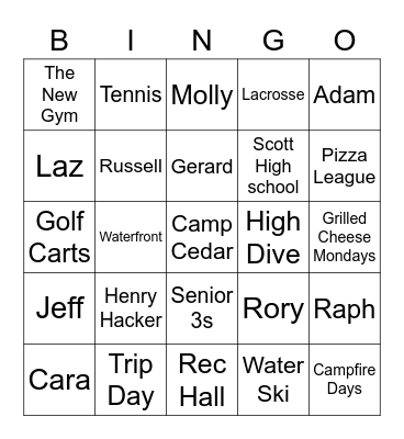 Camp Cedar Bingo Card
