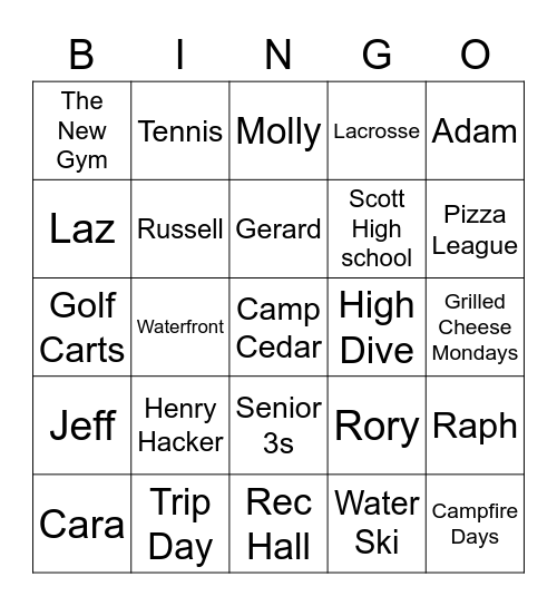 Camp Cedar Bingo Card