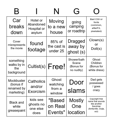 Haunted Movie Bingo Card
