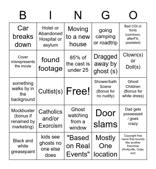 Haunted Movie Bingo Card