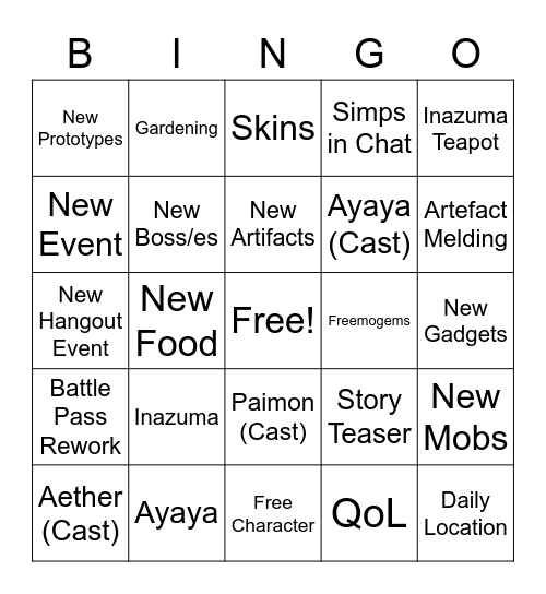 Genshin Stream Bingo Card