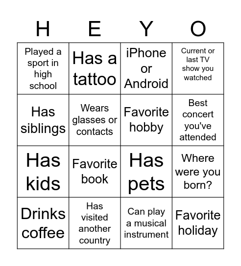 Getting to Know You! Bingo Card