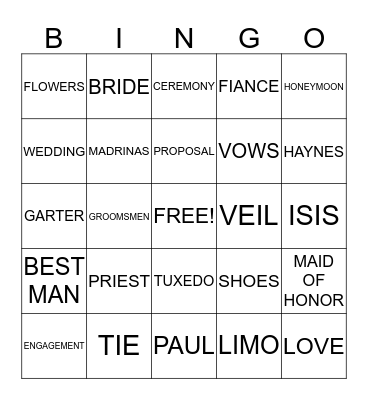 Haynes Wedding Shower  Bingo Card