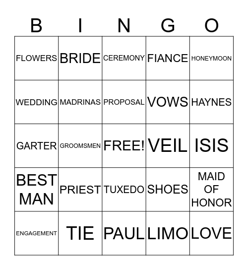 Haynes Wedding Shower  Bingo Card