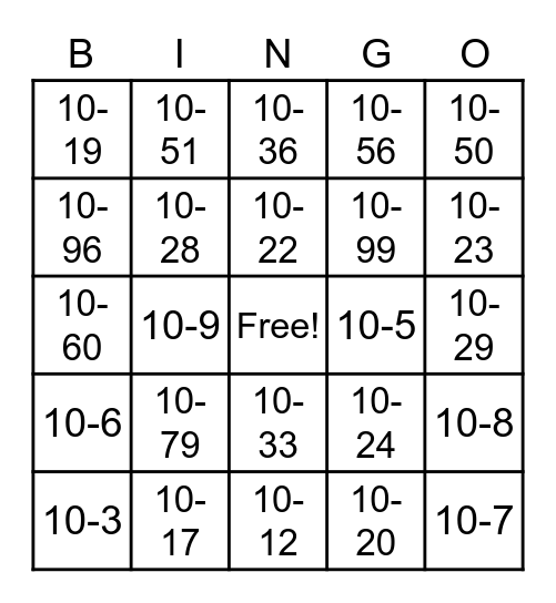 10-Code Bingo Card