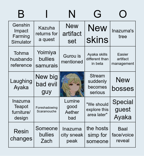 Genshin Impact 1.7 Livestream Bingo Card