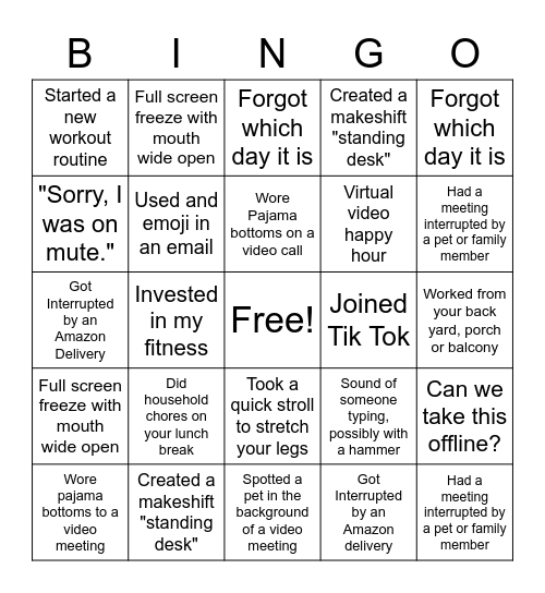 Working From Home Bingo Card