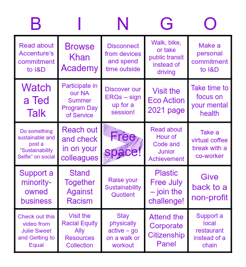 Accenture Summer Program Week of Giving Bingo Card