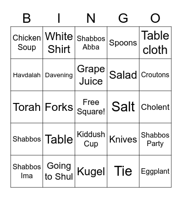Shabbos Bingo Card