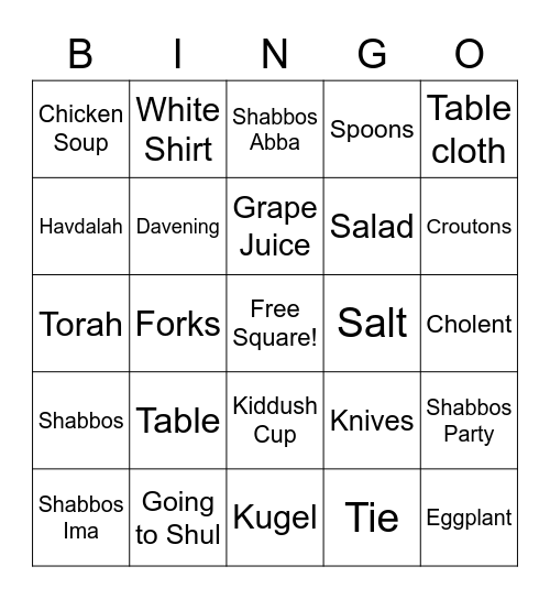 Shabbos Bingo Card