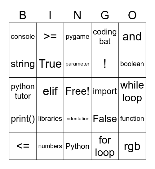 Python Camp Bingo Card