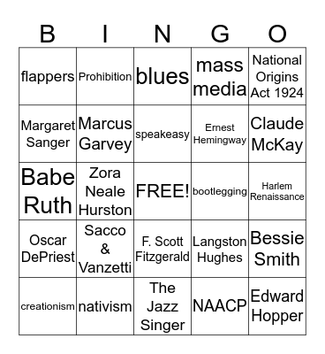1920s Values & Culture Bingo Card