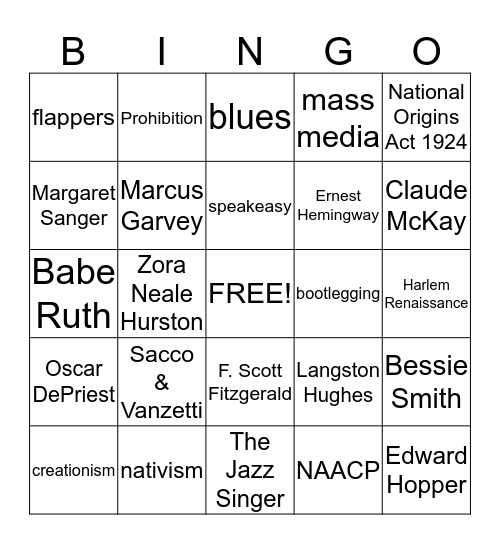 1920s Values & Culture Bingo Card