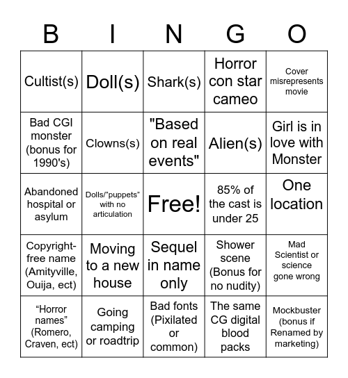 Monster Movie Bingo Card