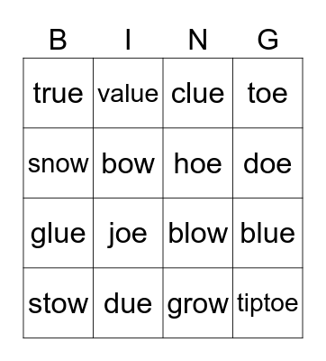 Vowel Teams oe, ow, ue Bingo Card