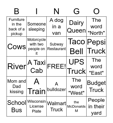 Road Trip Bingo 4 Bingo Card