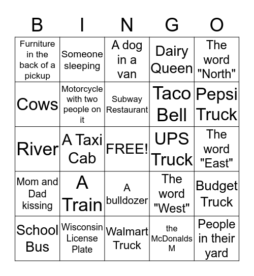 Road Trip Bingo 4 Bingo Card