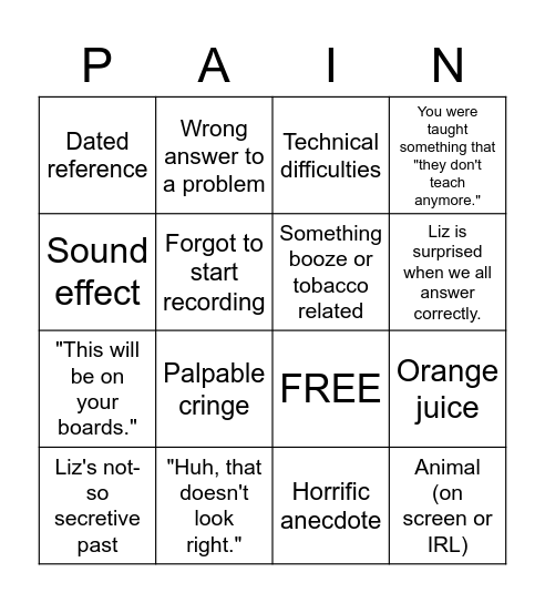 Pain-Go Bingo Card
