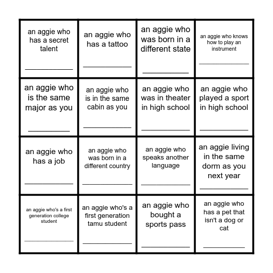 find an aggie who ... Bingo Card