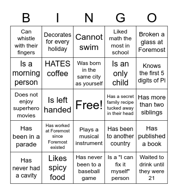 Team Building Bingo Card