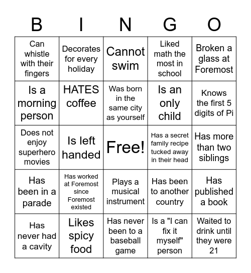 Team Building Bingo Card