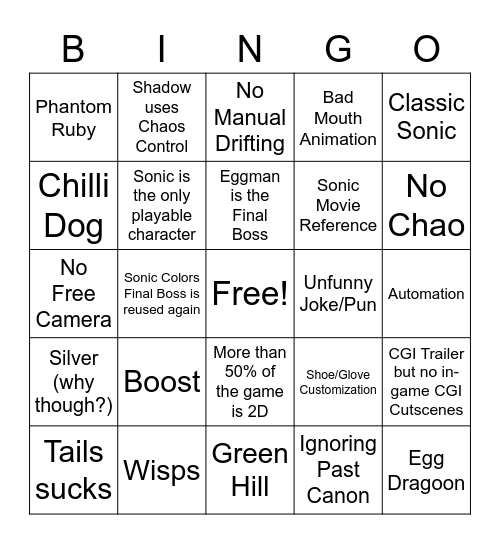 Sonic Zap Bingo Card